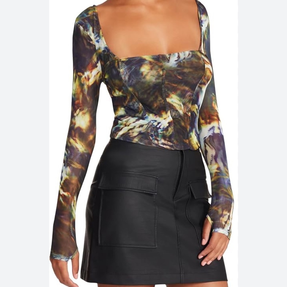 Steve Madden Hayden Top. Multicolored. Sheer long sleeve.
